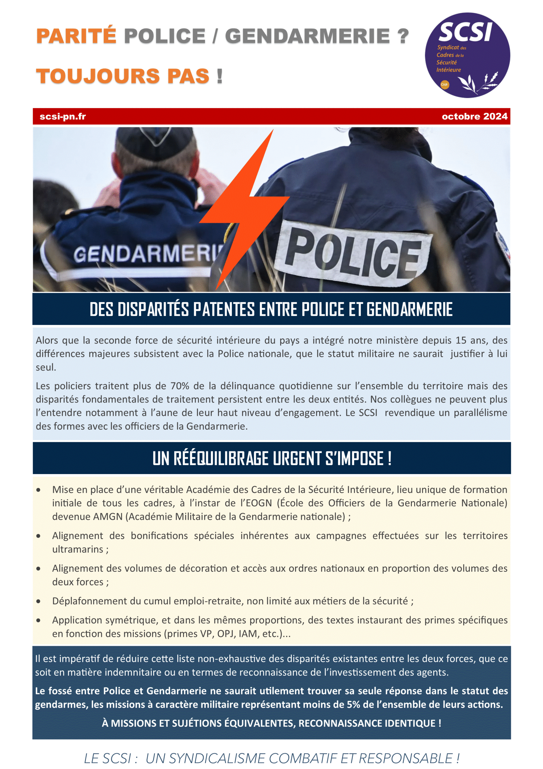 PARITÉ POLICE / GENDARMERIE ? TOUJOURS PAS !